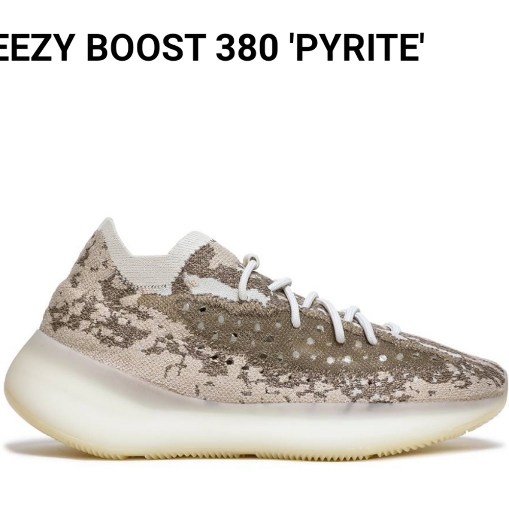 Adidas Yeezy boost 380 mens sneakers, size 8.5 color pyrite (tan, gray, white)